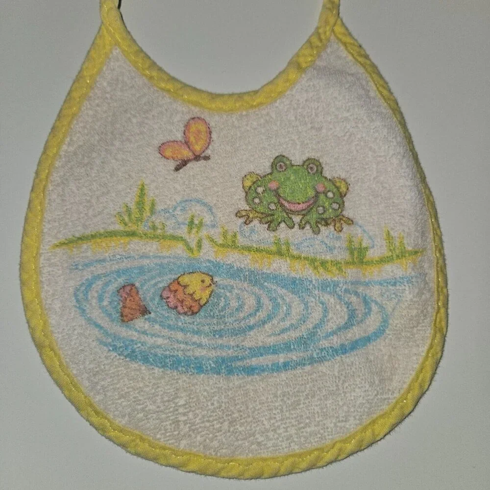VTG Baby Bib Frog Butterfly Fish Water Yellow Trim